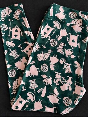 LuLaRoe Pink and Dark Green Whimsical Print Leggings
